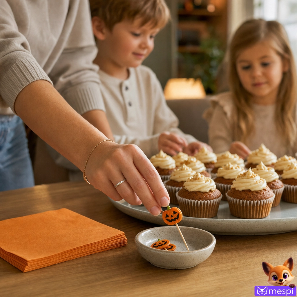 Egy szülő tálalás előtt eltávolítja a nem ehető, tök alakú beszúrható díszt a cupcake-ből