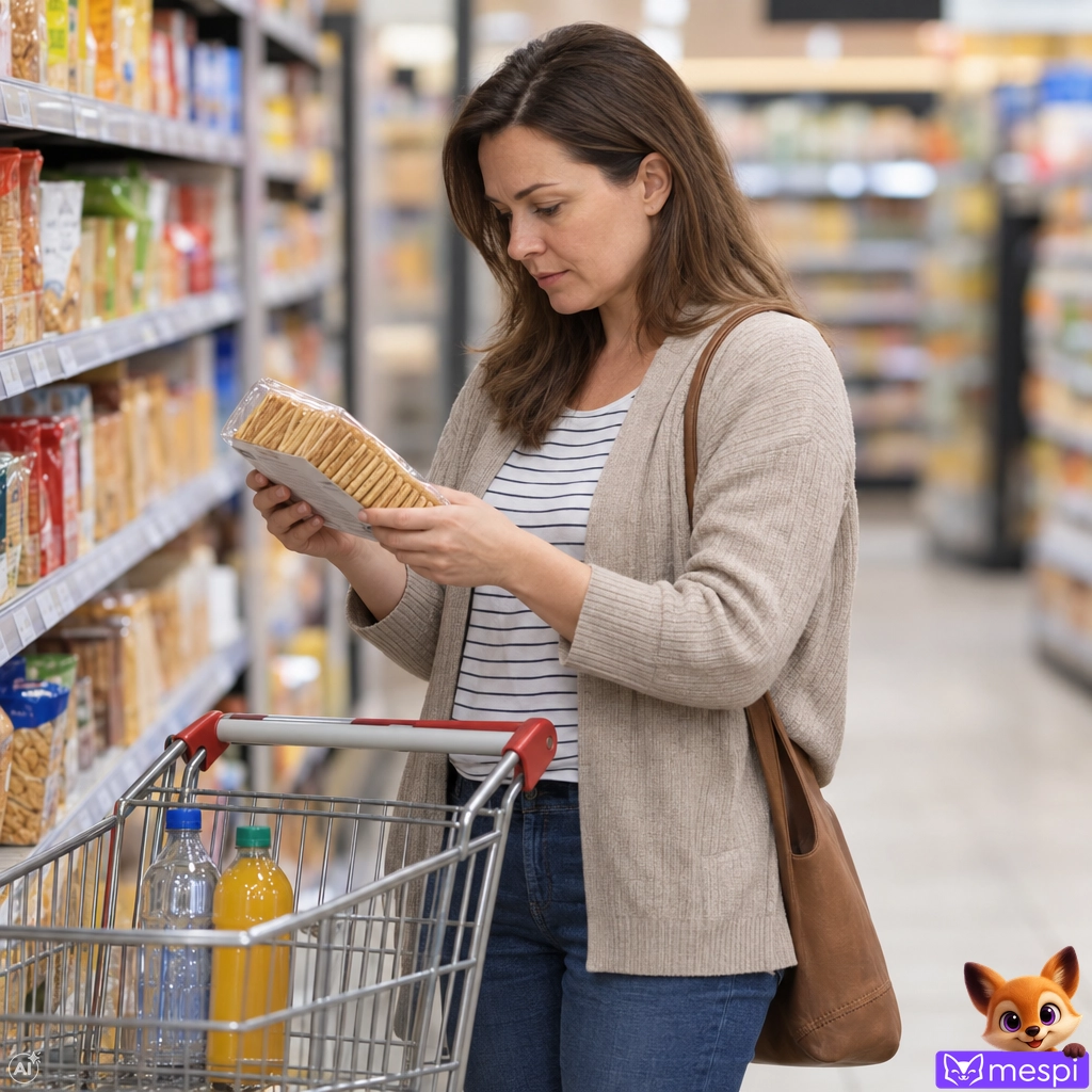 Rodič kontrolujúci jedno uzavreté balenie krekrov v supermarkete
