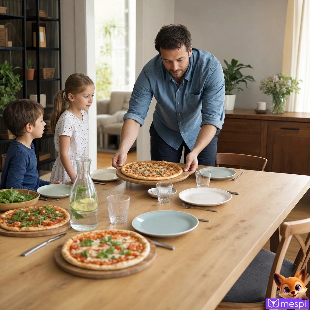 Un genitore confronta la quantità di pizza con i posti di bambini e adulti a tavola