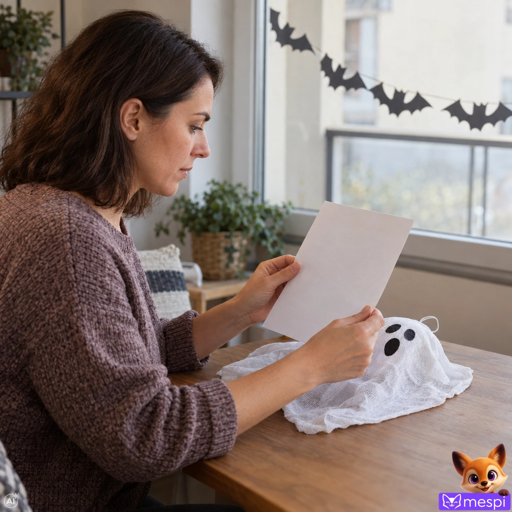 Rodič si pri vnútornom balkónovom okne prezerá pokyny k textilnej halloweenskej ozdobe