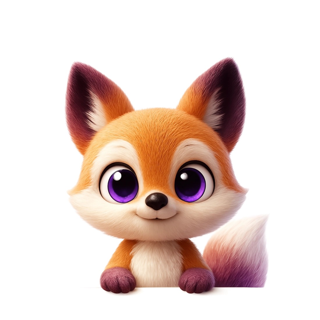 Adorabile mascotte volpe Mespík con grandi occhi viola e punte viola sulle zampe e sulla coda, guarda dritto davanti a sé con un lieve sorriso. È appoggiato con le zampe anteriori al bordo inferiore dell’immagine, su sfondo bianco