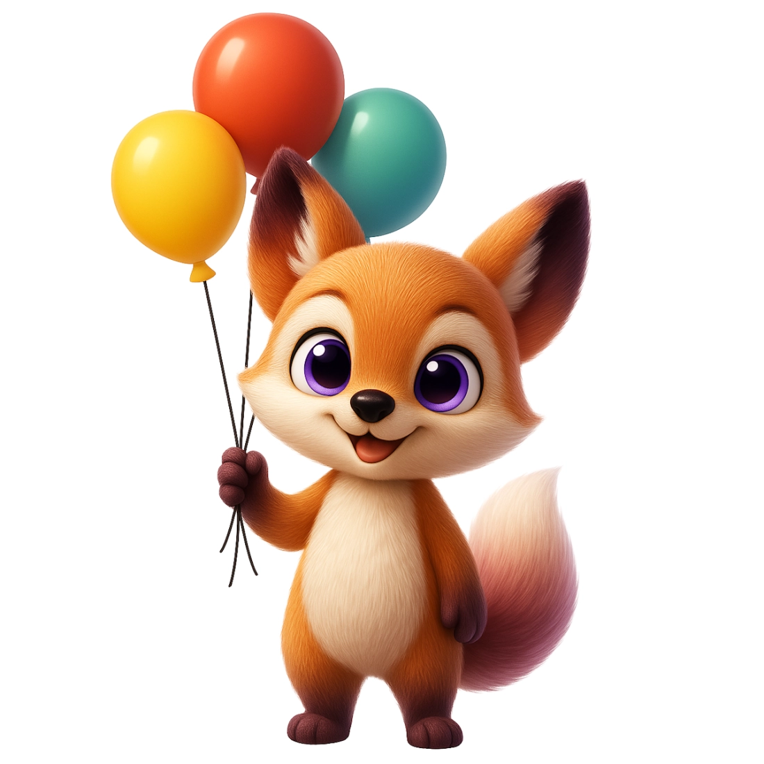 Adorabile mascotte Mespík, una volpe con grandi occhi viola e sfumature viola sulle zampe e sulla coda, sta sorridendo e tiene in aria dei palloncini colorati.