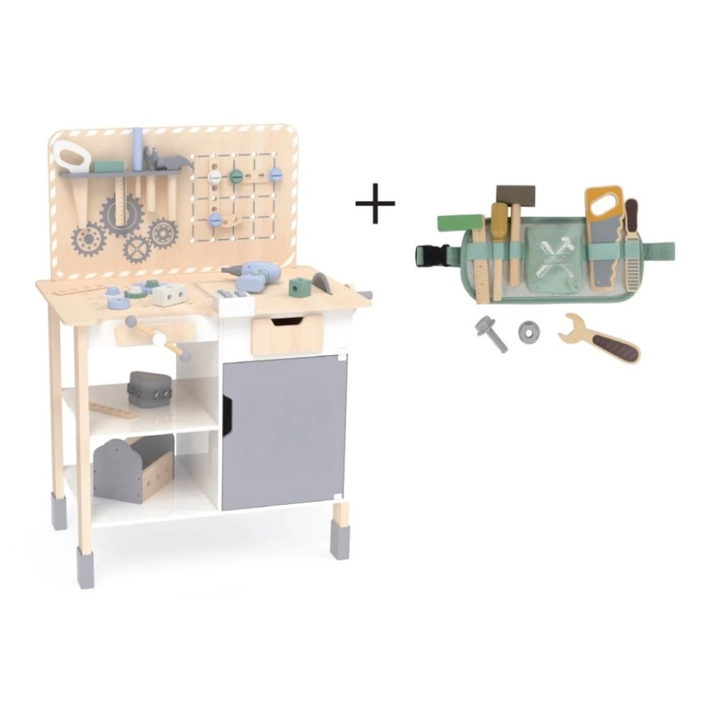 Drevená detská dieľňa s príslušenstvom a opaskom s náradím