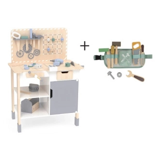 Dřevěná dětská dílna s příslušenstvím a opaskem s nářadím