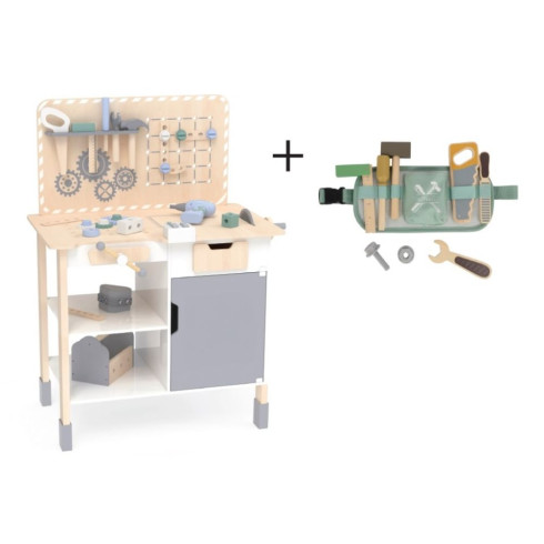 Dřevěná dětská dílna s příslušenstvím a opaskem s nářadím