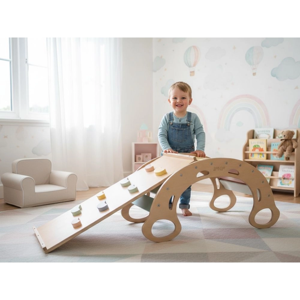 Drevená montessori hojdačka PRO 5v1 set s doskou 2v1