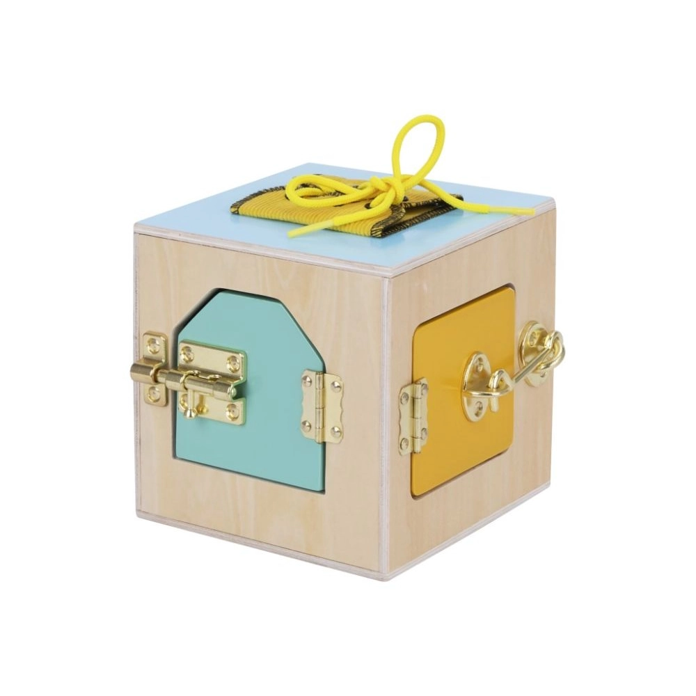 Drevená Montessori kocka so zámkami