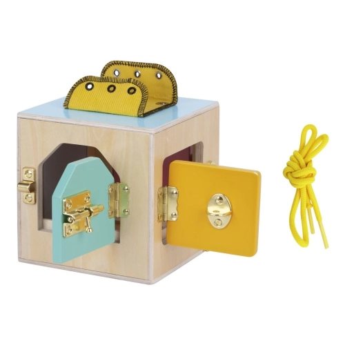 Drevená Montessori kocka so zámkami