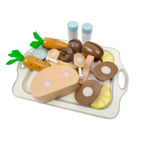 Dřevěné potraviny a kuře do dětské kuchyňky