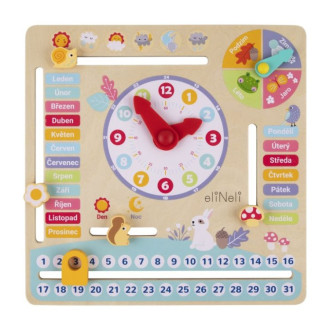 Dřevěný kalendář s hodinami v českém jazyce