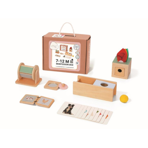 Dřevěný Montessori edukační box pro miminka 7–12 měsíců