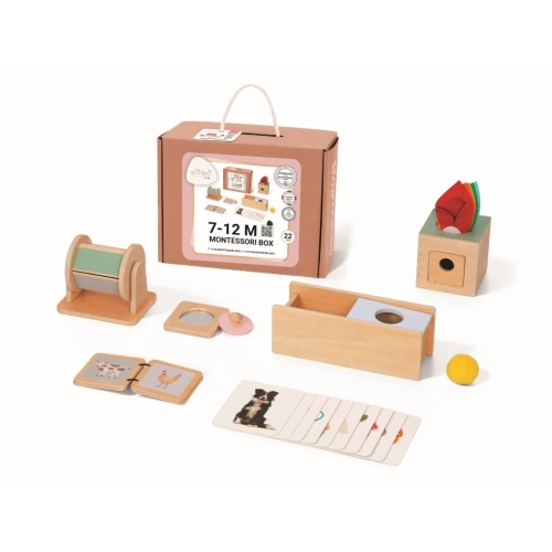 Dřevěný Montessori edukační box pro miminka 7–12 měsíců