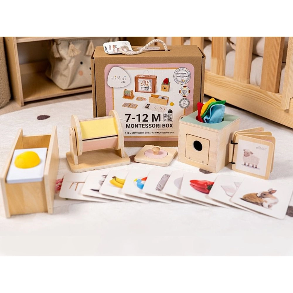 Drevený Montessori edukačný box pre bábätká 7–12 mesiacov