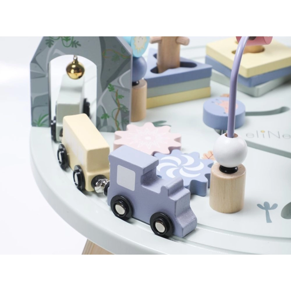 Drevený motorický stolček s vláčikom a xylofónom, pastelový