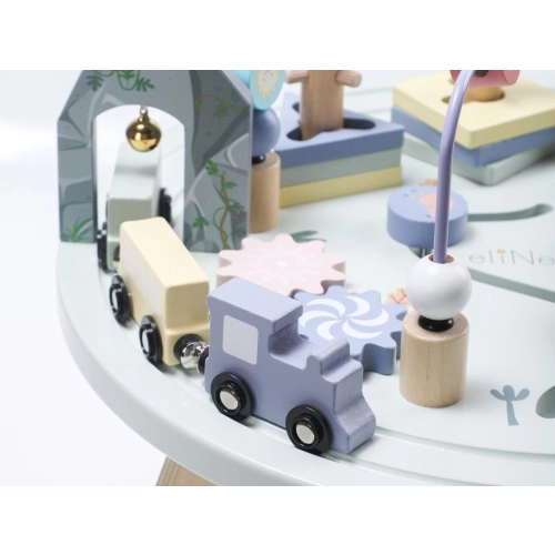 Drevený motorický stolček s vláčikom a xylofónom, pastelový