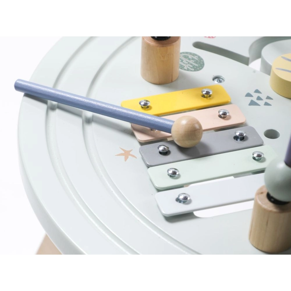 Drevený motorický stolček s vláčikom a xylofónom, pastelový