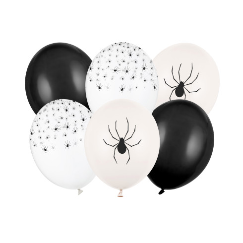 Pókokkal díszített lufik 30 cm, fekete-fehér, 6 db-os szett – tökéletes Halloweenre Pókokkal díszített lufik 30 cm, fekete-fehér, 6 db-os szett – tökéletes Halloweenre