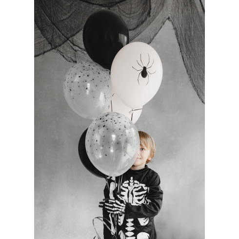 Pókokkal díszített lufik 30 cm, fekete-fehér, 6 db-os szett – tökéletes Halloweenre Pókokkal díszített lufik 30 cm, fekete-fehér, 6 db-os szett – tökéletes Halloweenre