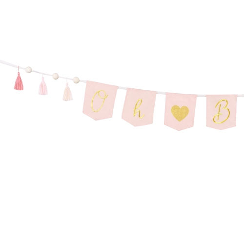 Banner din bumbac „Oh Baby” roz roz cu ciucuri, 2,5 m