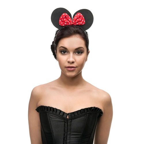 Čelenka myška s čiernymi uškami a červenou bodkovanou mašľou