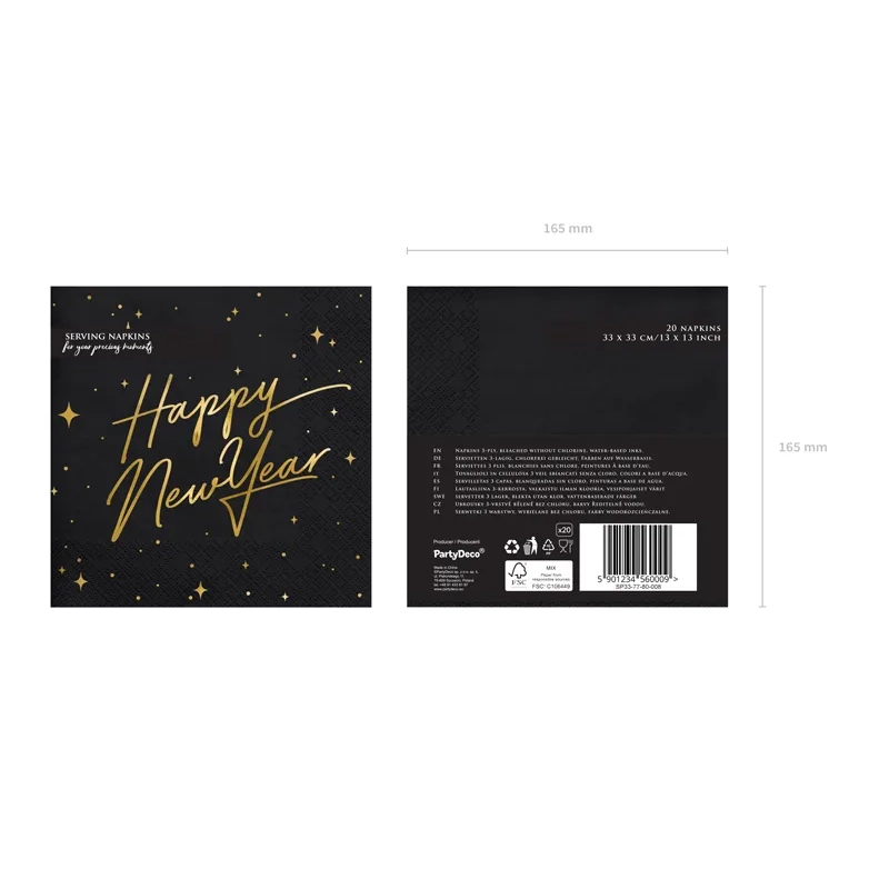 Črne papirnate serviete Happy New Year 33 x 33 cm – 20 kosov