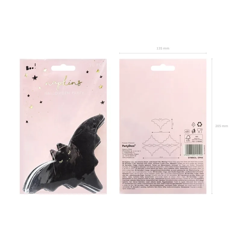Fekete papírszalvéták denevérrel, fémes arany mintával, 20 db