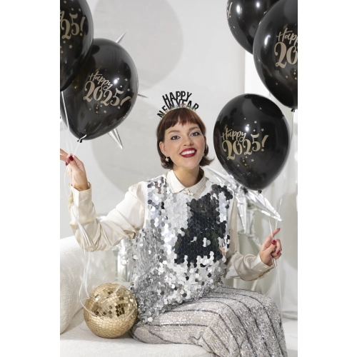 Črni pastelni baloni Happy 2025, zlat tisk, 30 cm, 6 kos