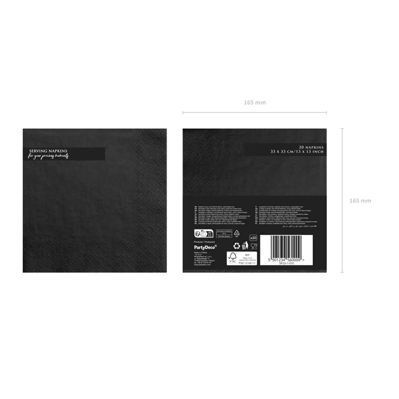 Fekete szalvéták, 3 rétegű, 33x33 cm – elegáns, 20 db/csomag