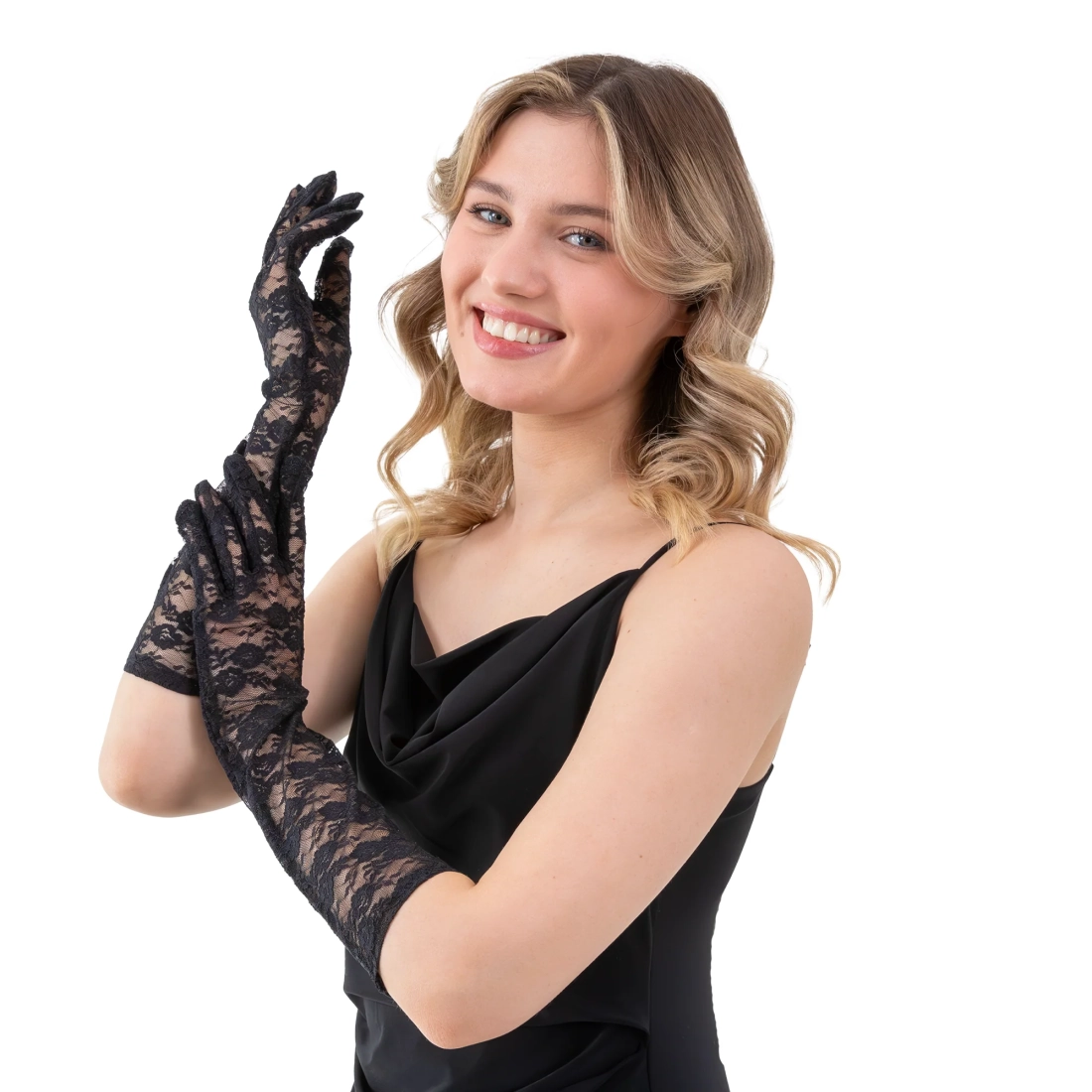 Fekete csipkekesztyű partyra, 40 cm