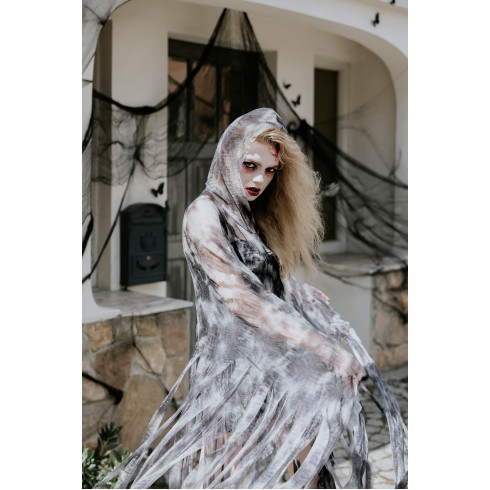 Ženski zombijevski kostum črno-siv s kapuco, velikost L–XL