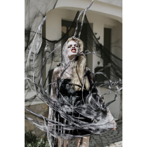 Ženski zombijevski kostum črno-siv s kapuco, velikost L–XL