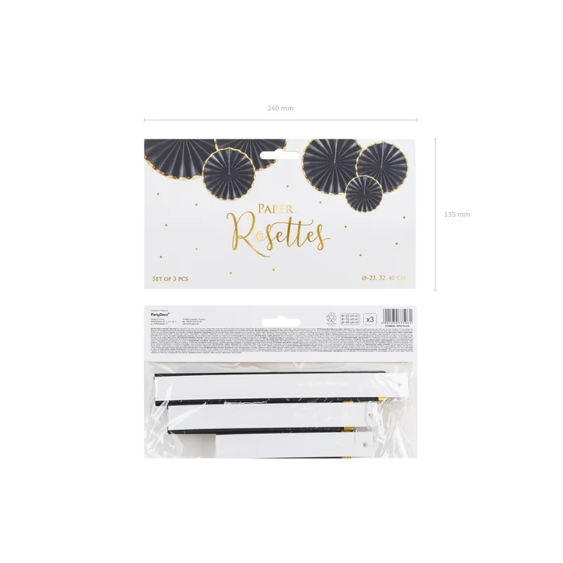 Dekorativne papirnate rozete črne z zlatim robom, 3 kosi