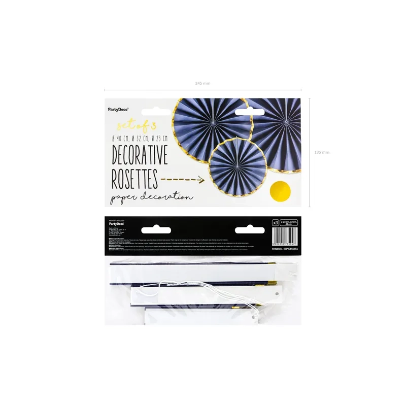 Dekorativne rozete temno modre z zlatim robom, 3 kosi (23–40 cm)