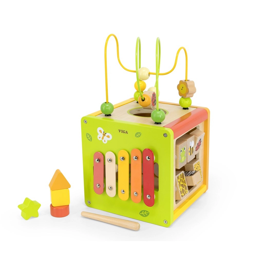 Detská drevená edukačná kocka 5v1 s bludiskom a xylofónom Viga