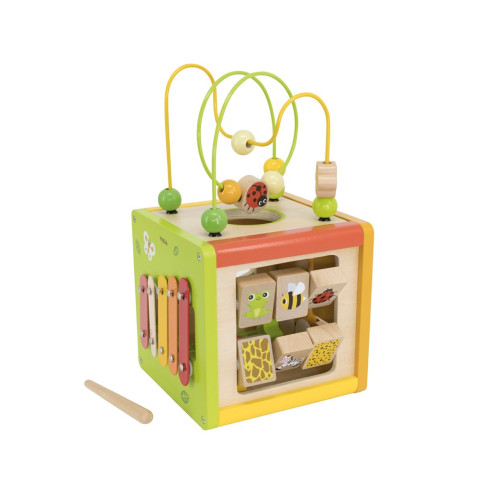 Detská drevená edukačná kocka 5v1 s bludiskom a xylofónom Viga