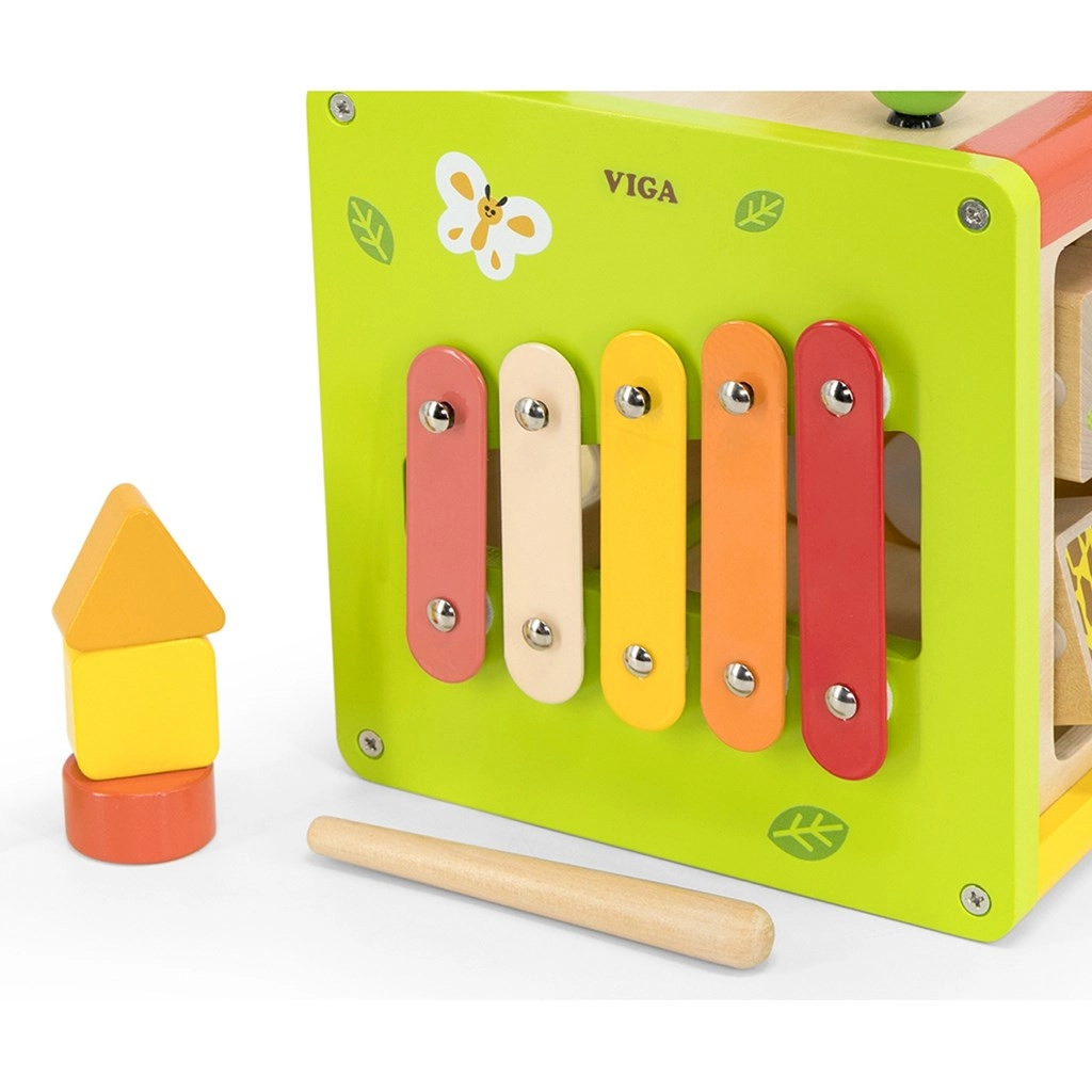 Detská drevená edukačná kocka 5v1 s bludiskom a xylofónom Viga