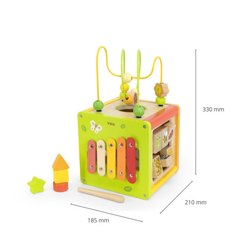 Detská drevená edukačná kocka 5v1 s bludiskom a xylofónom Viga