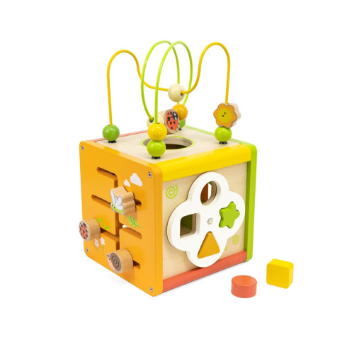 Detská drevená edukačná kocka 5v1 s bludiskom a xylofónom Viga