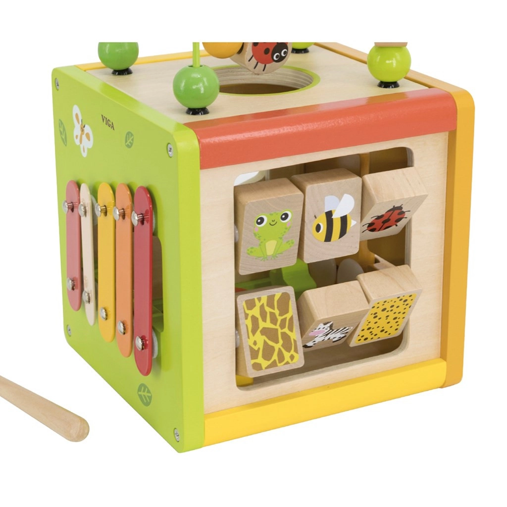 Detská drevená edukačná kocka 5v1 s bludiskom a xylofónom Viga