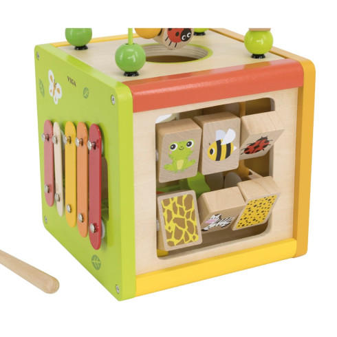 Detská drevená edukačná kocka 5v1 s bludiskom a xylofónom Viga