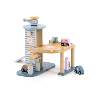 Dřevěná garáž pro děti Viga se 3 autíčky a vrtulníkem