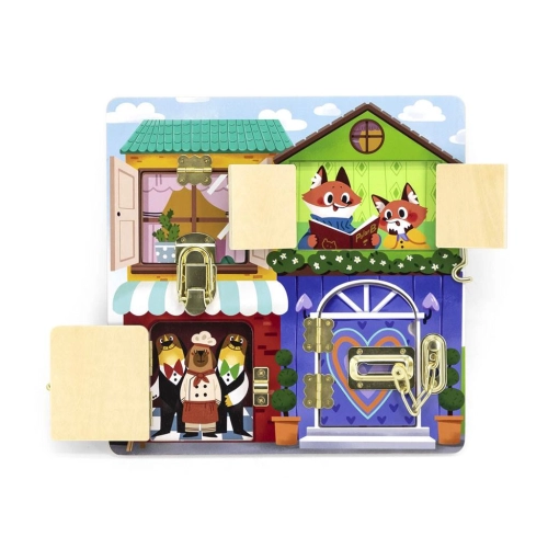 Detská drevená manipulačná doska Viga uzamykanie a odomykanie