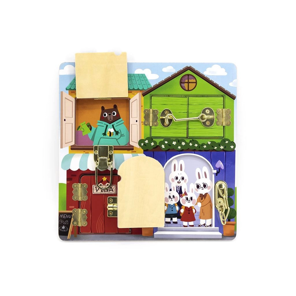 Dětská dřevěná manipulační deska Viga domeček se zámky
