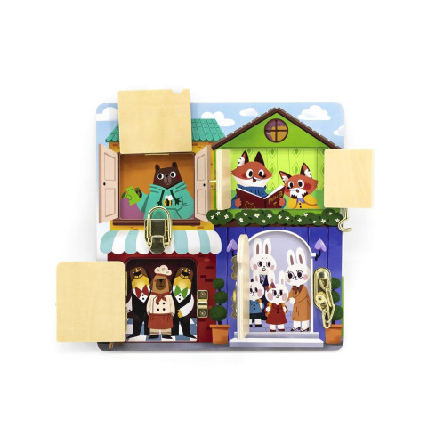 Dětská dřevěná manipulační deska Viga domeček se zámky