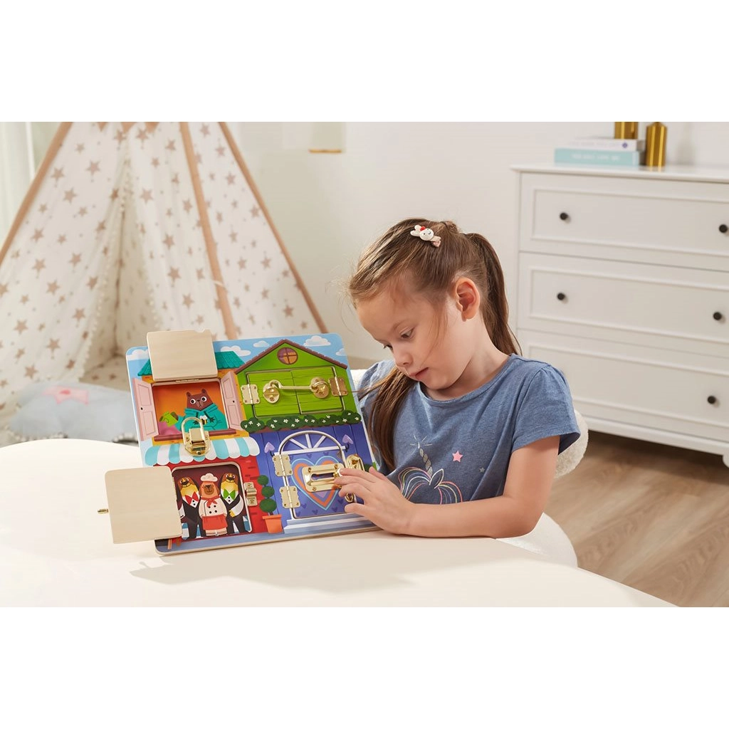 Dětská dřevěná manipulační deska Viga domeček se zámky