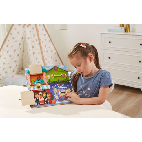 Dětská dřevěná manipulační deska Viga domeček se zámky