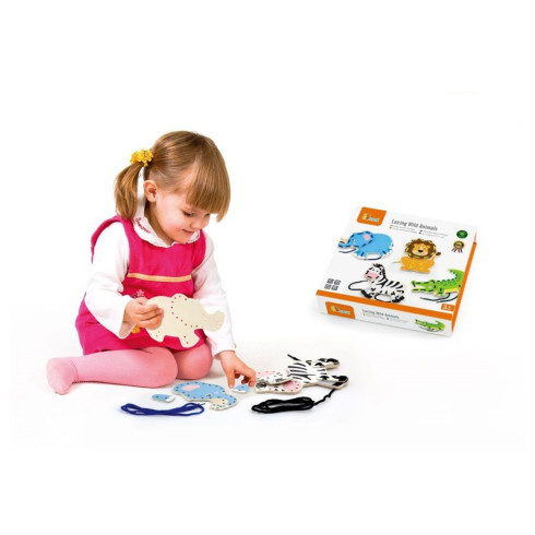 Dětská dřevěná šněrovací hračka zvířátka zoo Viga