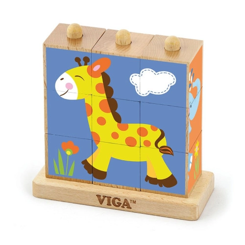 Detské drevené puzzle kocky na stojane Viga Zoo 9 dielov
