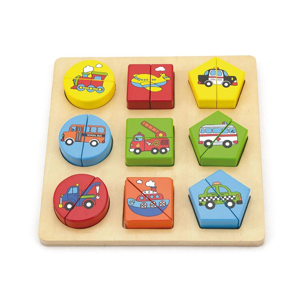 Detské drevené puzzle Viga tvary a autá 19 dielov