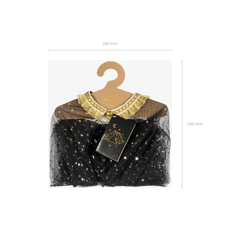 Pelerină neagră pentru copii, cu stele și tiv auriu, pentru fete 3–7 ani